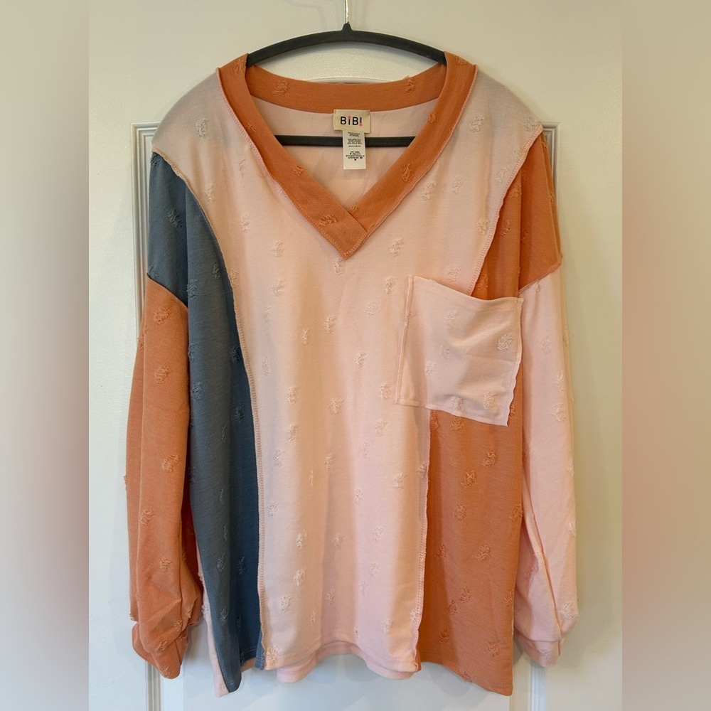 BiBi Colorblock V-Neck Pullover in Peach, Light Pink & Dusty Blue - Picture 2 of 6
